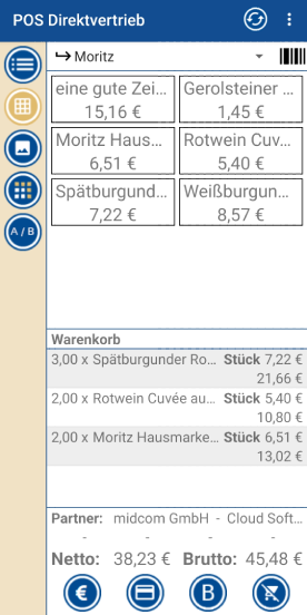 Vertriebsparty.App Artikel der Gruppe im Vertrieb per Tabs