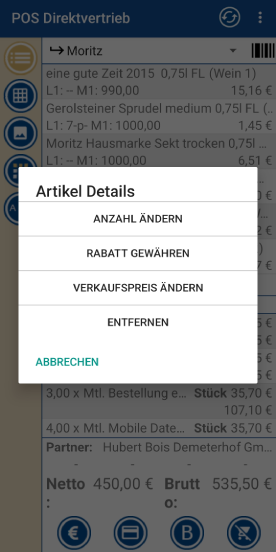 Vertriebsparty.App gewählte Artikel im Warenkorb ändern
